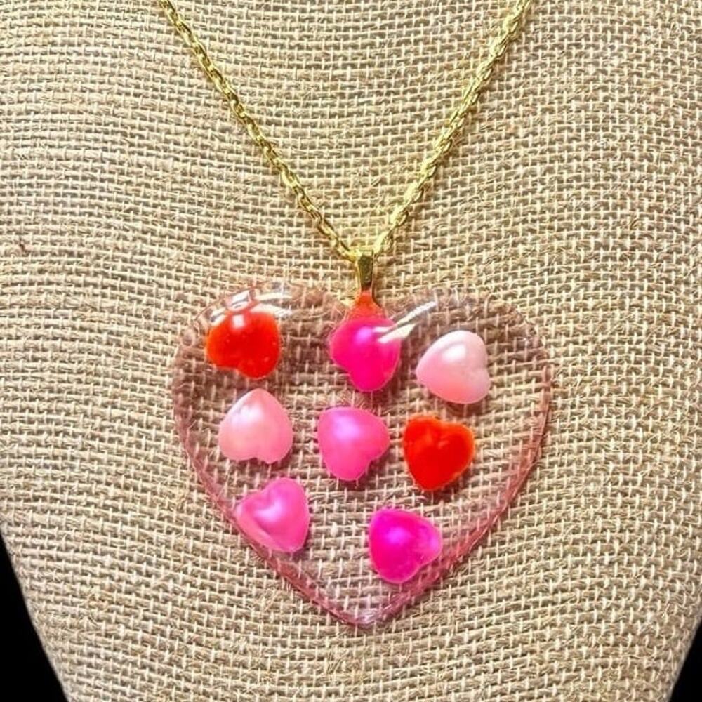 Resin Heart Pendant Necklace Pink Red Hearts Handmade Jewelry Gift